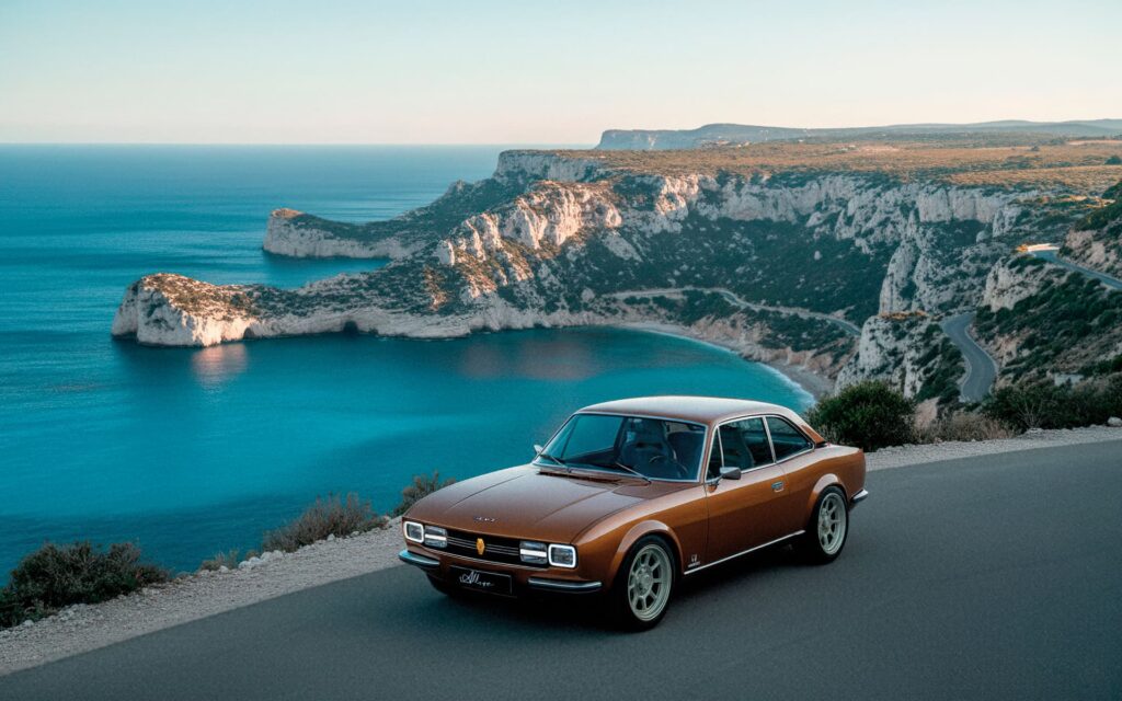 504 coupé restomodée par Allure Provence Automotive sur les hauteurs, dans le parc des Calanques