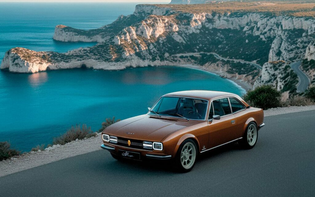 A restomodded 504 Coupé by Allure Provence Automotive in the hills of the Parc national des Calanques.