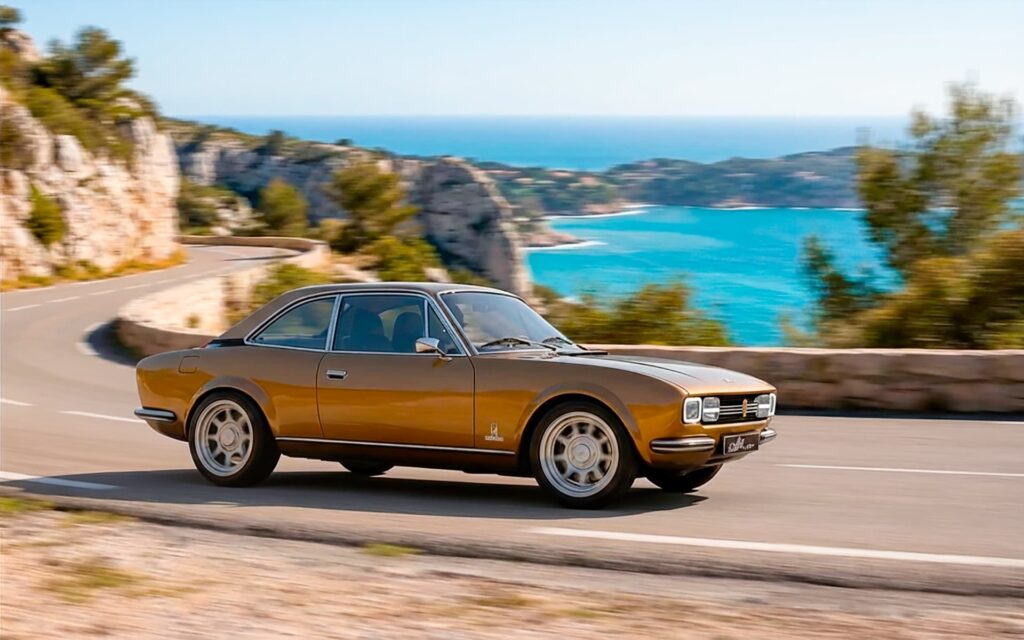 Le restomod de la 504 Coupé, le Projet-A par Allure Provence Automotive sur la route des crêtes entre Cassis et la Ciotat.