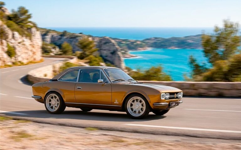 Le restomod de la 504 Coupé, le Projet-A par Allure Provence Automotive sur la route des crêtes entre Cassis et la Ciotat.